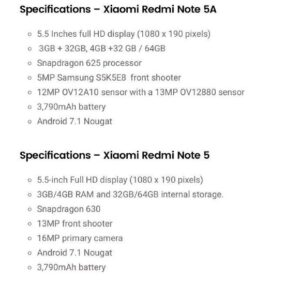Redmi Note 5 and 5A specs sheet according to Weibo