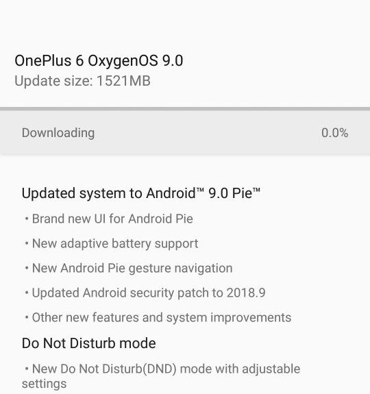 OnePlus 6 OxygenOS 9.0 Android 9.0 Pie update