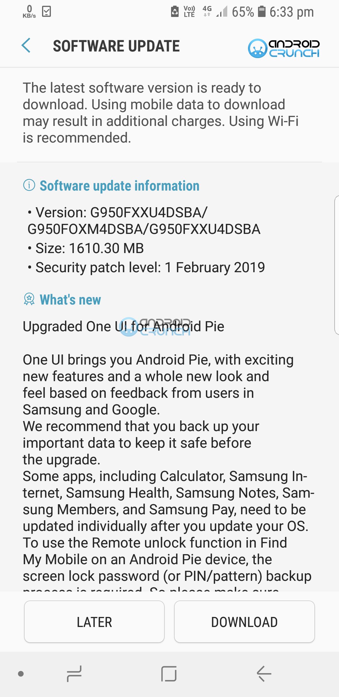 Samsung Galaxy S8 Android ( Pie OneUI update